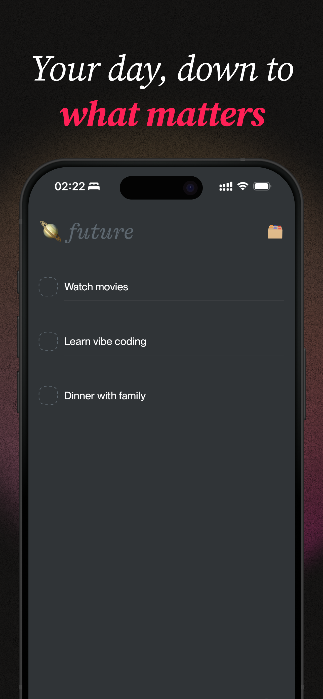 The Flow app focus list showing three tasks — grocery, reply client email, do laundry — with a lightning-bolt icon and an empty add field