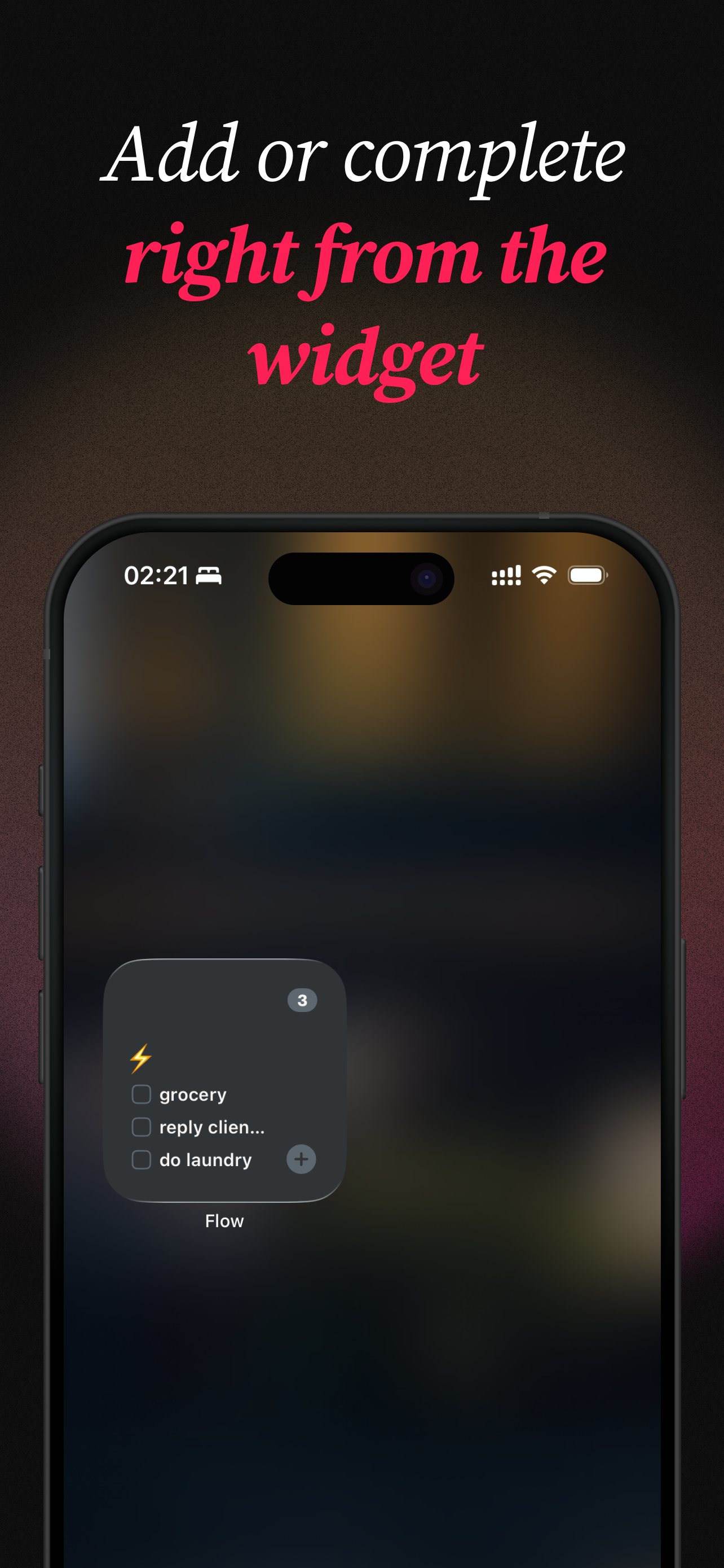 The Flow app future list showing watch movies, learn vibe coding, and dinner with family with a planet icon
