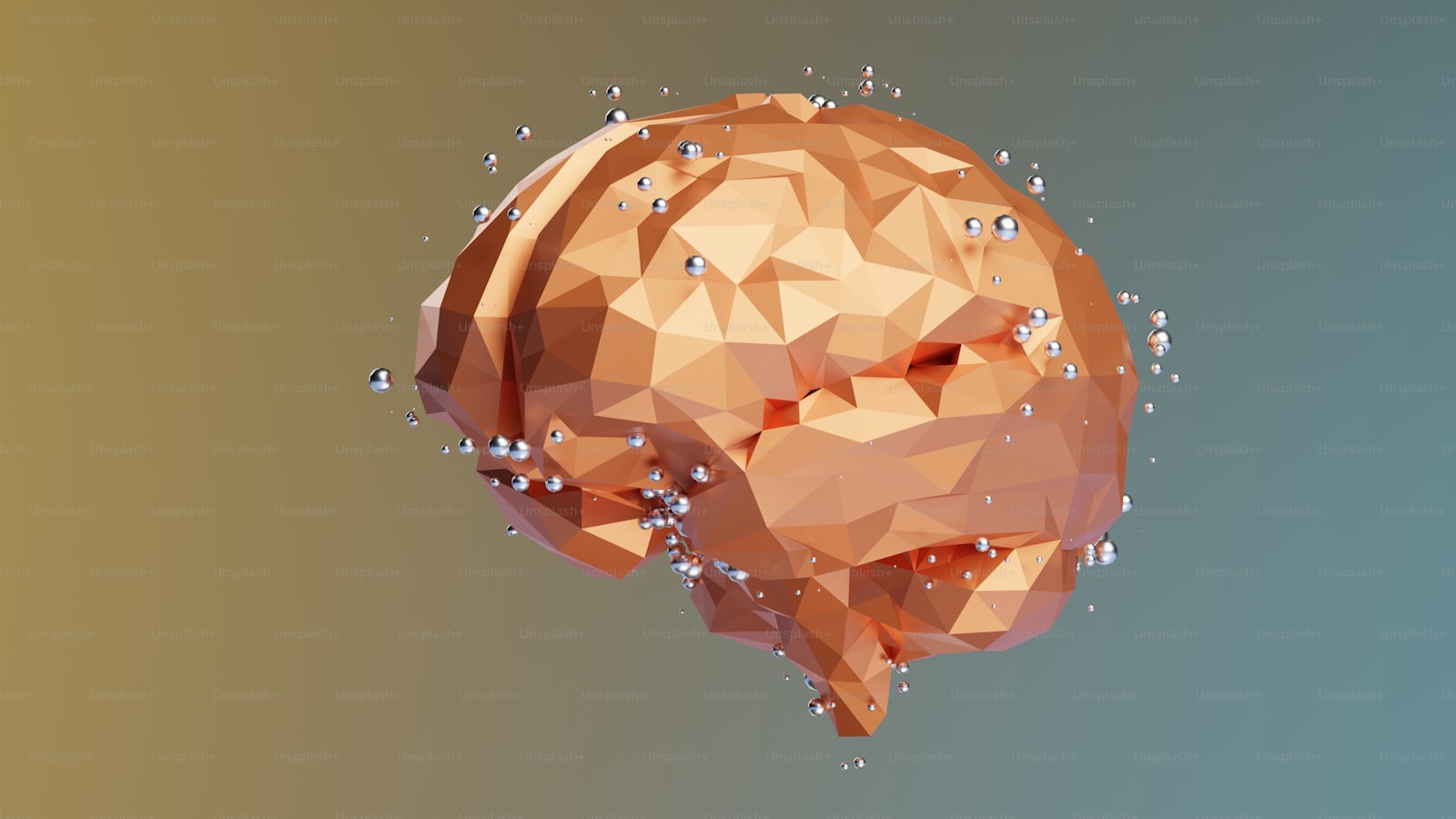 A polygonal 3D brain surrounded by small droplets