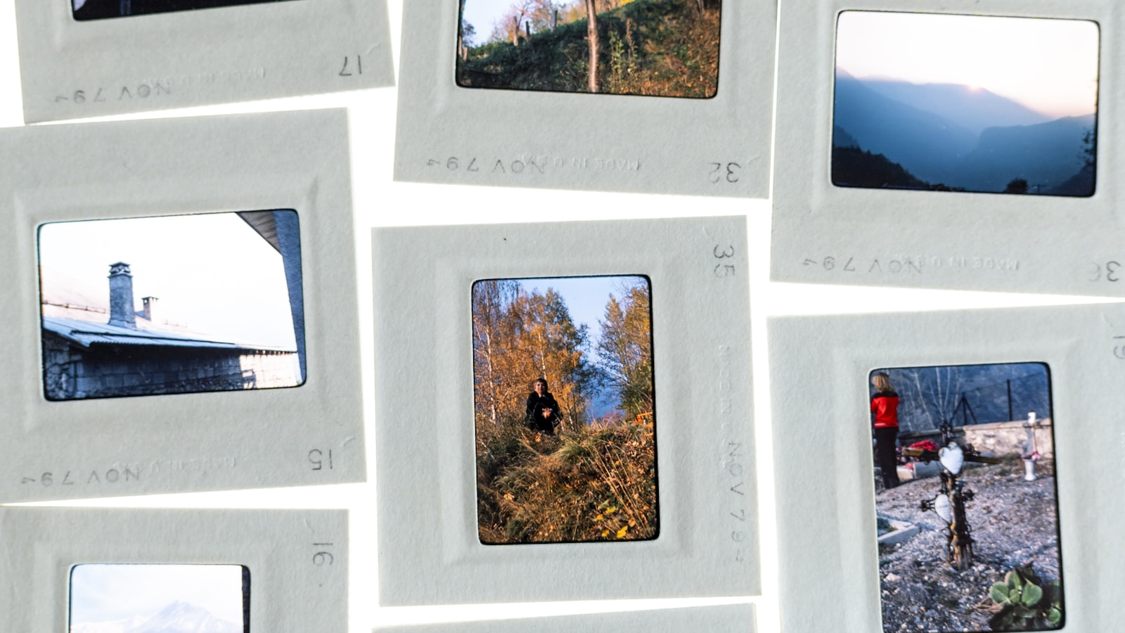 A wall of polaroid photographs arranged in a loose grid, suspended from string